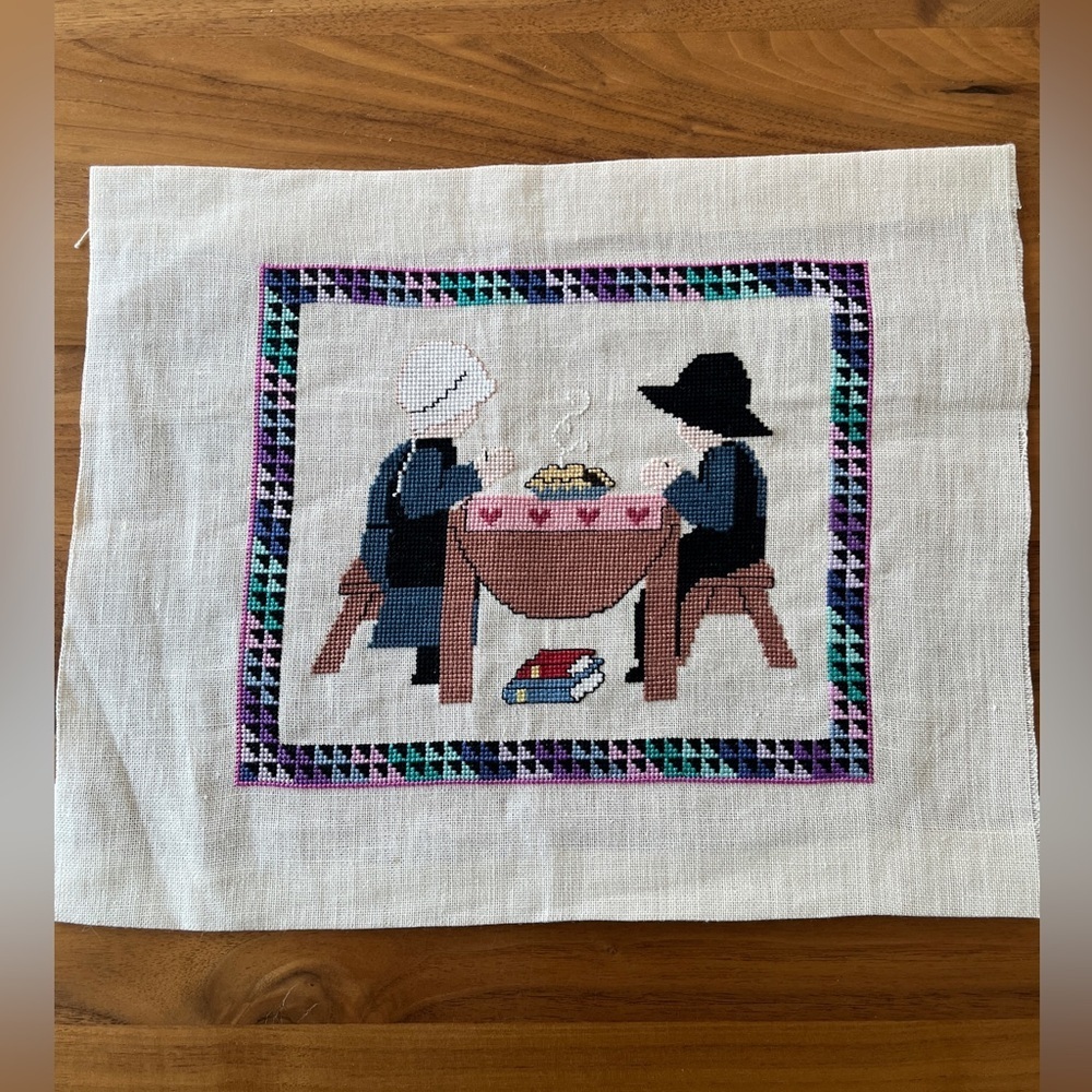 HAND MADE Cross Stitch Completed Picture Unframed Amish Boy & Girl Table Prayer